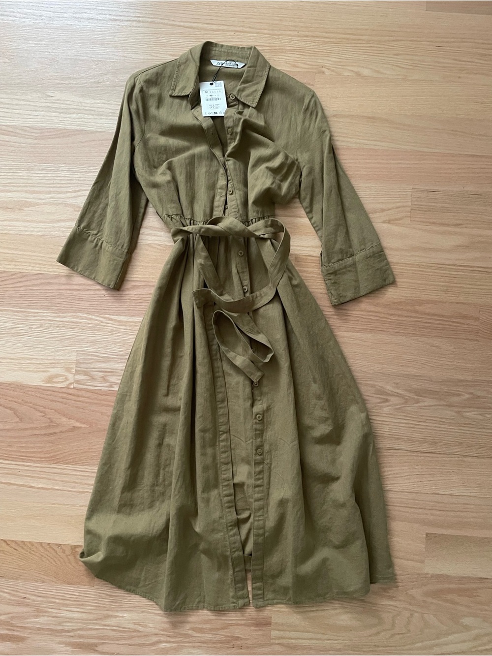 NEW Zara Olive Button-Front linen Shirt Dress with Waist Tie